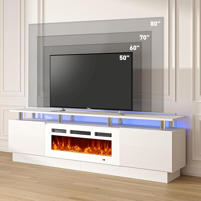 MXV 80 Fireplace TV Stand Modern Entertainment Center &amp 36 Inch Electric Fireplace with Remote Control LED Light Fire Place Tv Stand for Living Room for TVs up to 90 White + White