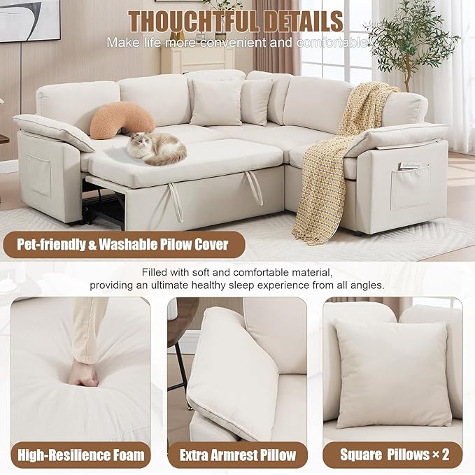 85 Modular Sectional Sofa with Pull Out Bed L Shaped Couch with Storage 5-Seater Sleeper Sofa Sectional Couches for Living Room Cloud Modular Couch with Removable Sofa Cover