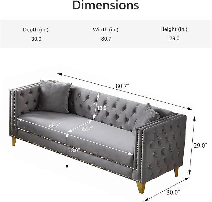 DEINPPA 2 Piece Chesterfield Couch Sets Velvet 3 Seater Sofa Set with Throw Pillows Comfy Couch with Nailhead Trim and Metal Legs for Living Room/Apartment/Office-Grey