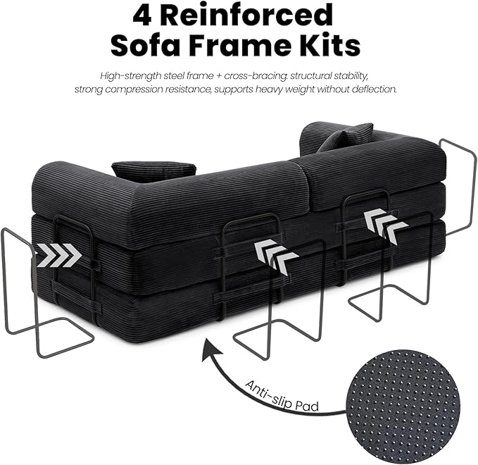 79 5-in-1 Convertible Sofa Bed King Size Sleeper with Bonus Pillows &amp Heavy Duty Frame No Assembly Corduroy Couch Bed for Movie Night &amp Guest Room Black