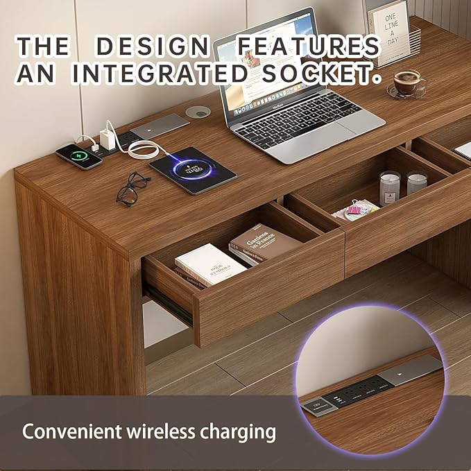 Executive Desk with Drawers Computer Desk with Drawers with Pre-Embedded Slots 55 inch Modern Walnut Home Office Desk with Charging Station for Study Living Room Bedroom