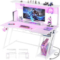 Armocity 53'' White Gaming Desk with Hutch and LED Lights Gaming Computer Desk with Storage Shelves &amp Z-Shaped Legs Reversible PC Game Desk with Pegboard for Bedroom Carbon Fiber Surface