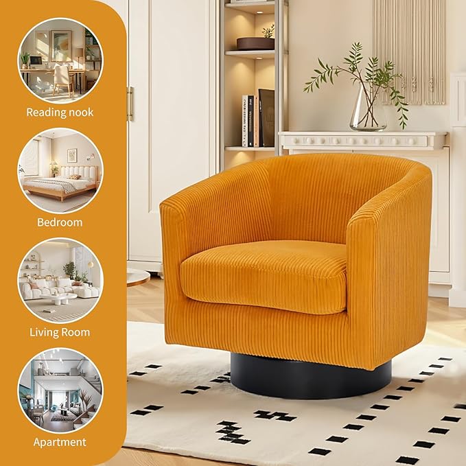 Swivel Accent Chair 360°Swivel Barrel Chair Comfy Upholstered Corduroy Club Armchair for Living Room Reading Room Bedroom (Yellow)