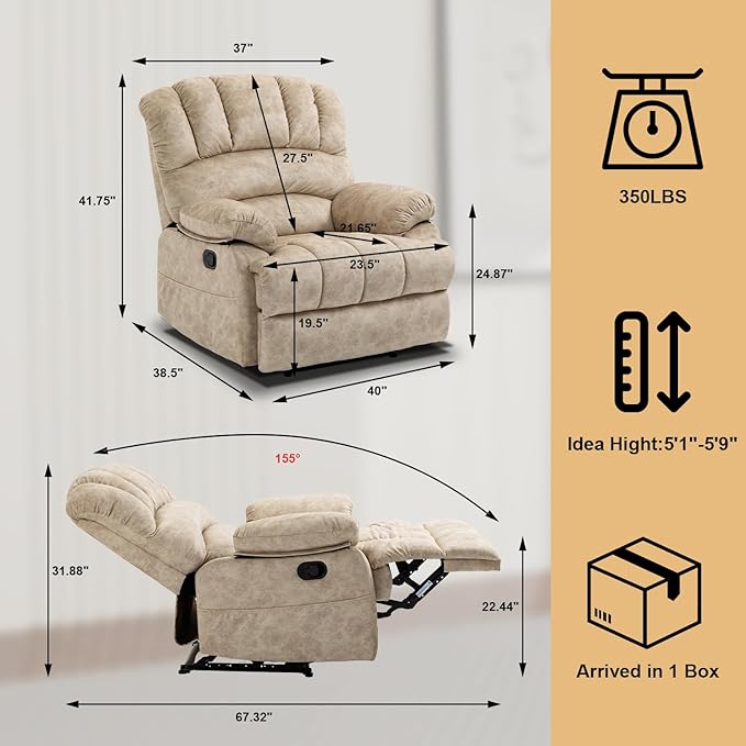 Large Lazy Recliner Chair for Adult Comfortable Manual Single Recliner Sofa Oversized Reclining Chair Upholstered Soft Fabric Living Room Recliner Sofa Chair for Living Room Bedroom (Beige)