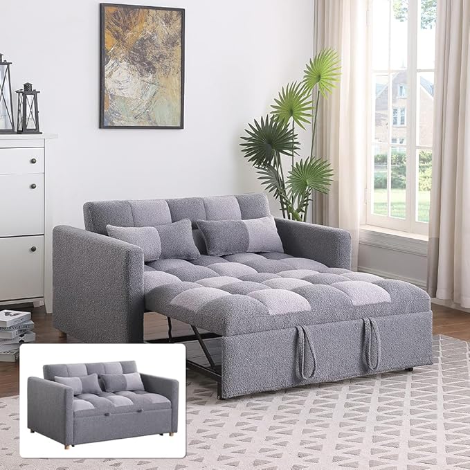 Sleeper Loveseat Pullout Sofa Bed 3 in 1 Convertible Couch Bed Pull Out Sofabed with 2 Pillows Adjustable Backrest Teddy Fabric Grey