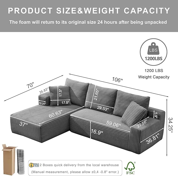 MEISIMAN 106'' Boneless Couch Cloud Couch - L Shaped Couch with Chaise Plush Corduroy Couch &amp Memory Foam Couch Modular Sectional Sofa Grey Couch for Living Room (Left Facing Chaise)