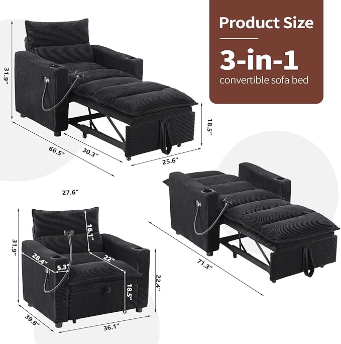 Corduroy Sleeper Sofa Bed with 2 Cup Holders 3-in-1 Convertible Pullout Futon Couch with Phone Holder&ampUSB Charge Port Single Chair with 3-Level Adjustable Backrest for Living Room