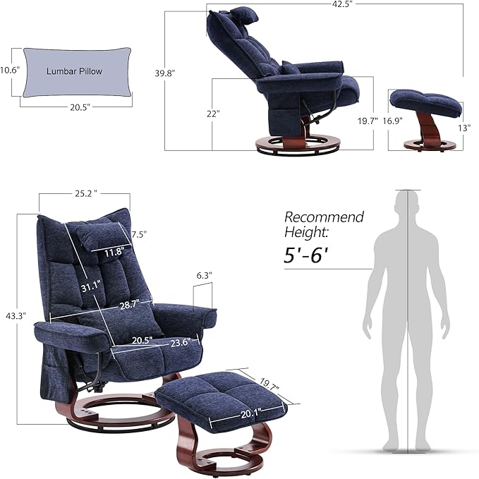 MCombo Swivel Recliner with Ottoman TV Chair Sets with Vibration Massage Ideal for Small Space Living Room &amp Bedroom 4188 (Blue)