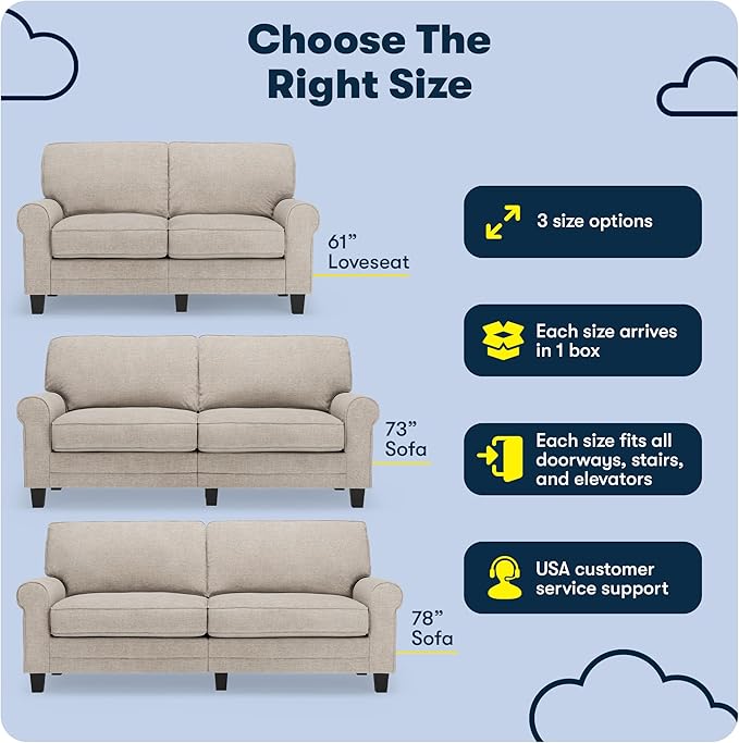 Serta Copenhagen 78 Rolled Arm Sofa Easy Care Polyester Soft Pillow Back Pocket Coil Seat Cushions Removable Covers Loveseat or Couch for Small Spaces Living Rooms or Bedrooms Light Gray