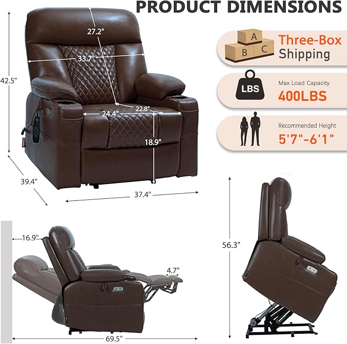 EONIX Wide Single Motor Power Lift Recliner Chair for Elderly 400lbs Heavy Duty Oversized Lift Chair with Heat and Massage Lift Recliner Chair Dark Brown