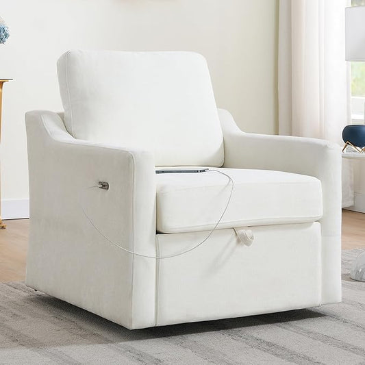Swivel Accent Chair 360° Swivel Comfy Upholstered Seat for Living Room Bedroom Office with Hidden Storage &amp Dual USB-C Ports Chenille Fabric 300lbs Capacity White