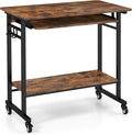 LDAILY Small Computer Desk Portable Desk on Wheels with Spacious Tabletop Keyboard Tray Open PC Stand 3 Earphone Hooks Wooden Rolling Computer Cart Mobile Laptop Desk for Office Home