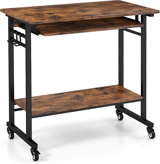 LDAILY Small Computer Desk Portable Desk on Wheels with Spacious Tabletop Keyboard Tray Open PC Stand 3 Earphone Hooks Wooden Rolling Computer Cart Mobile Laptop Desk for Office Home