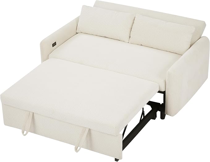 Pull-Out Sofa Bed Convertible Couch 2 Seat Loveseat Sofa Corduroy Fabric Upholstered Sleeper Sofa with 2 Throw Pillows and USB Ports for Living Room Office Apartment (Beige)
