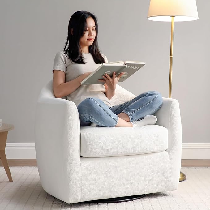 360° Swivel Accent Chair Comfy Swivel Barrel Chairs Modern Upholstered Arm Chair for Living Room Bedroom Apartment (White)