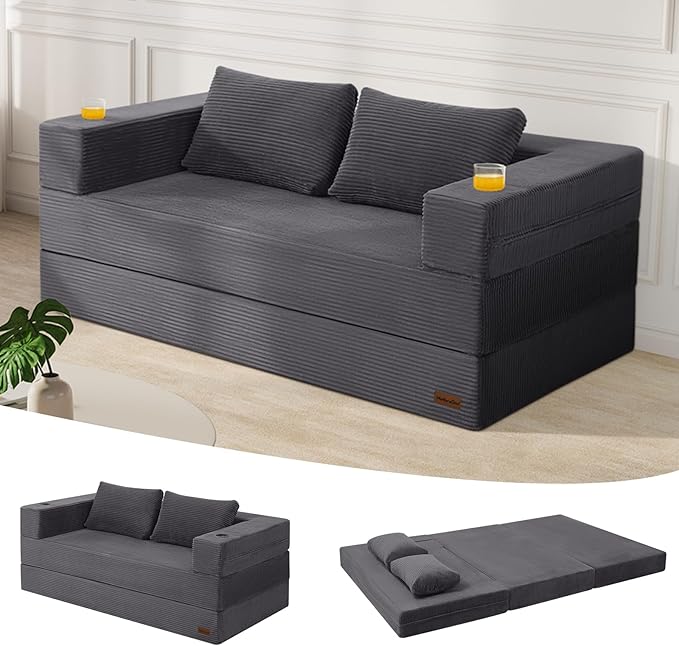 MeMoreCool Futon Couch Convertible Sofa Bed Queen Folding Floor Couch Bed with Pillow Corduroy Grey Foldable Sofa Sleeper Fold Out Boneless Loveseat Lounge for Living Room Small Spaces