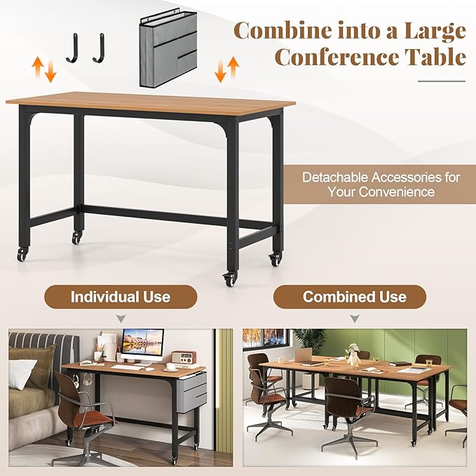 Giantex 8FT Conference Table 4 PCS 48 Rectangular Mobile Meeting Room Desk w/Removable Storage Bag &amp 2 Hanging Hooks Rolling Modern Seminar Boardroom Table for Office Conference Room Natural