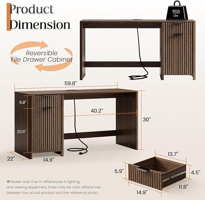 60 Fluted Home Office Desks with Storage Modern Executive Desk Computer Desk with Drawer &amp Cabinet Wood Work Desk for Office Bedroom Study Living Room Walnut