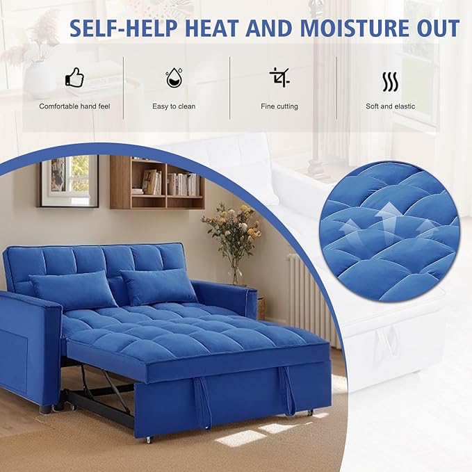 3 In 1 Velvet Convertible Sofa Bed Pull Out Couch Bed with Reclining Backrest And 2 Pillows 54 Full Size Loveseat Sleeper Sofa Futon Couch Bed Couches For Small Spaces Living Room (Blue)