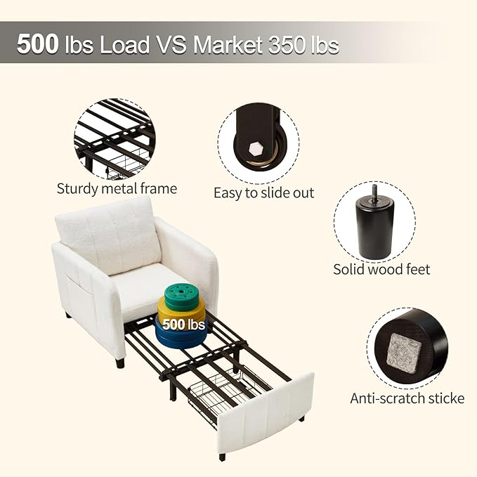 Sleeper Chair 84 Extra Long Convertible Chair Bed Upgraded 3-in-1 to 4-in-1 Pull Out Chair &amp Single Sofa Bed for Adult Sleeping Chair for Living Room &amp Small Space (White)
