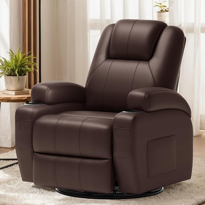 Flamaker Swivel Rocker Recliner Chair with Vibration Massage 360° Swivel Recliner Chairs for Adults Ergonomic Lounge Chair with Cup Holders Lazy Boy Recliner Single Sofa Seat (Leather Brown)