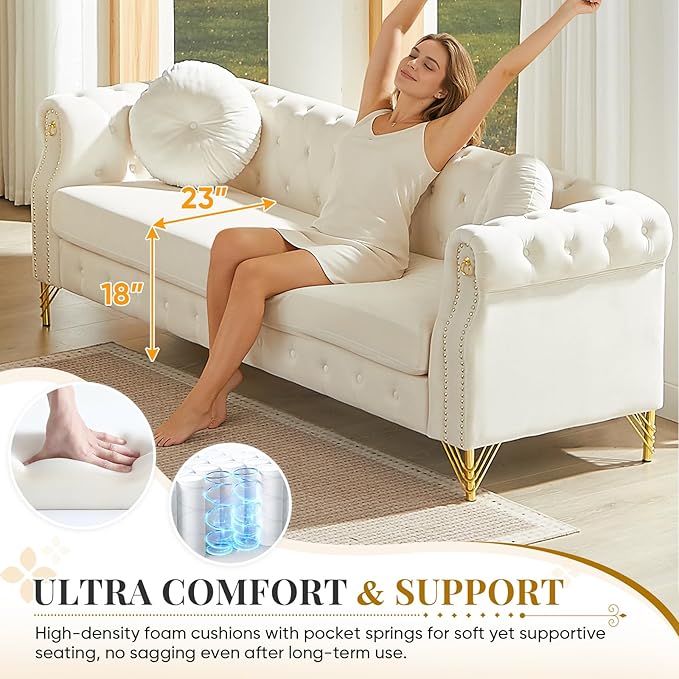 2 Pieces Chesterfield Sofa Set 2 &amp 3 Seater Comfy Tufted Velvet Couch with Rolled Arms &amp Pillows Mid Century Modern Couch and Loveseat Sets Retro Gold Couches Living Room Furniture (Beige)