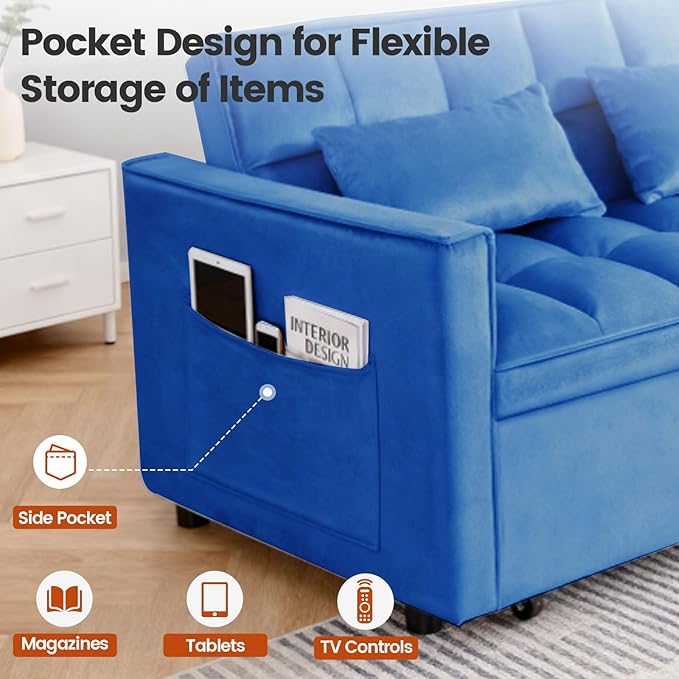 3 in 1 Sofa Bed Love Seat Sleeper Bed with Side Pockets Velvet Fabric Pull Out Couch with Adjustable Backrest for Living Room Bedroom Apartment Blue
