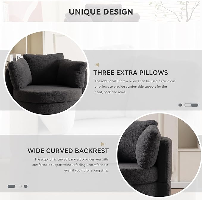 FOXHUNTER Swivel Barrel Chair 360 Degree Swivel Round Storage Chair with 3 Pillows Oversize Teddy Swivel Accent Chair Comfy Single Sofa Chair for Nursery Living Room Bedroom (Dark Gray)
