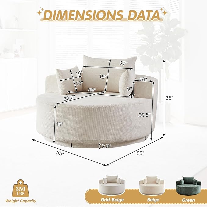 55 W Oversized Round Swivel Accent Barrel Chair360 Degree Chenille Upholstered Comfy Chaise Lounge Chair IndoorModern Deep Seat Single Sofa Armchair for Living RoomApartmentOffice(GridBeige)