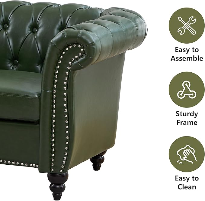 ORRD Chesterfield Sofa Leather Modern Faux PU Tufted Couch 3 Seater with Rolled Arms and Nailhead for Living Room Bedroom Office Apartment (Green)