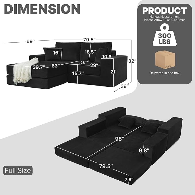 79.5 Sectional Boneless Modular L-shaped Couches for Living Room Small Spaces Convertible Oversized Sleeper Sofa Bed-Luxury 1.5 Full Bed. Corduroy Futon Floor Couch with Non-Slip Base Black.