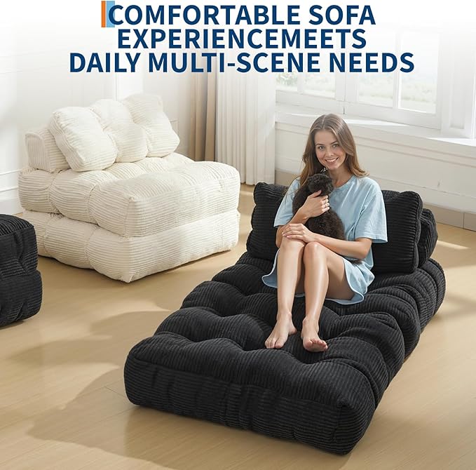 Folding Sofa Bed Convertible Sleeper Chair with Pillow Foldable Matress with Back Support Portable Fold Out Chair Bed Comfy Floor Sofa Lounge for Living Room Bedroom Black Single
