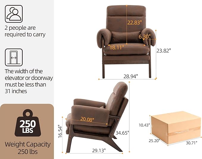 Mid Century Modern Accent ChairUpholstered Armchair with Solid Wood Frame &amp Soft Cushion for Living RoomReadingBedroomBelconySunroomBrown