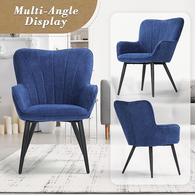 Athena Collection Wingback Accent Chair for Living Room Upholstered Arm Reading Chair for Adults Cozy Linen Fabric Armchair with Metal Legs for Bedroom Makeup Office Blue