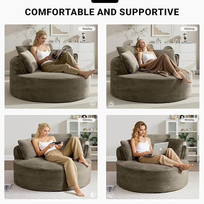 Oversized Round Lounge Chair Indoor Corduroy Upholstered Deep Seat Cloud Circle Sofa Chair Fluffy Boneless Sleeper Chair for Reading &amp Lounging No Assembly Required (Camel)