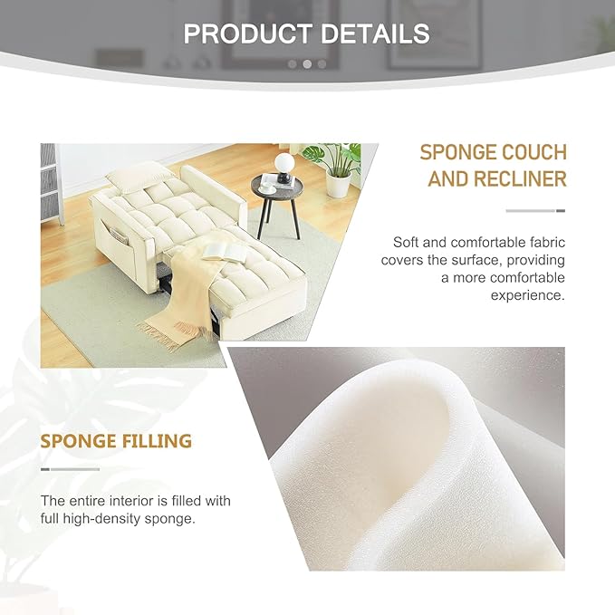 3 In 1 Velvet Convertible Sofa Bed Pull Out Couch Bed with Reclining Backrest And 2 Pillows 54 Full Size Loveseat Sleeper Sofa Futon Couch Bed Couches For Small Spaces Living Room (Cream White)
