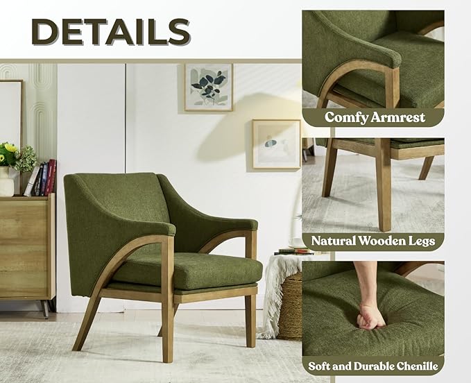 EALSON Modern Accent Chair Comfy Living Room Chair with Wooden Frame and Armrest Mid Century Upholstered Fabric Reading Lounge Armchair for Living Room/Bedroom/Reading/Balcony Chenille Green