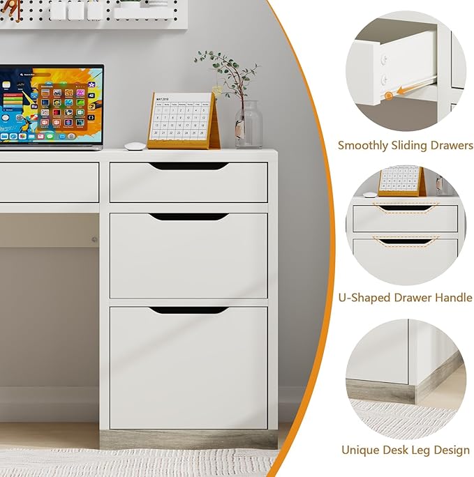 52 Inch White Desk with 4 Drawers Computer Desk with Storage for Small Spaces with Storage File Drawer Small Home Office Desk with Drawers for Bedroom