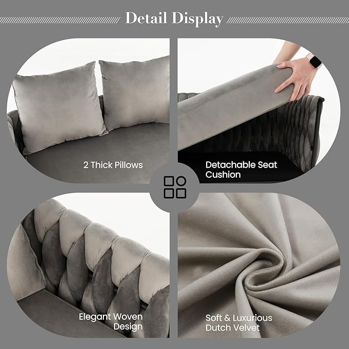 KOMFOTT 43” Loveseat Sofa Modern Upholstered 2-Seat Sofa with 2 Back Pillows Woven Backrest &amp Armrest Mid Century Modern Dutch Velvet Sofa for Living Room Bedroom Apartment (Gray)