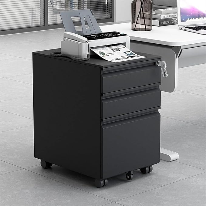 File Cabinet 3 Drawer Metal Mobile File Cabinet with Lock Under Desk Storage(Color:Black)