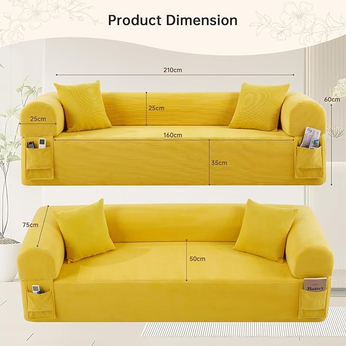 3-Seater Floor Sofa in A Box No Assembly Floor Boneless Couch Comfy Small Sofa Corduroy Couch with 2 Cushion Pillows &amp Armrest &amp Side Storage Pockets for Living Room Apartment Yellow