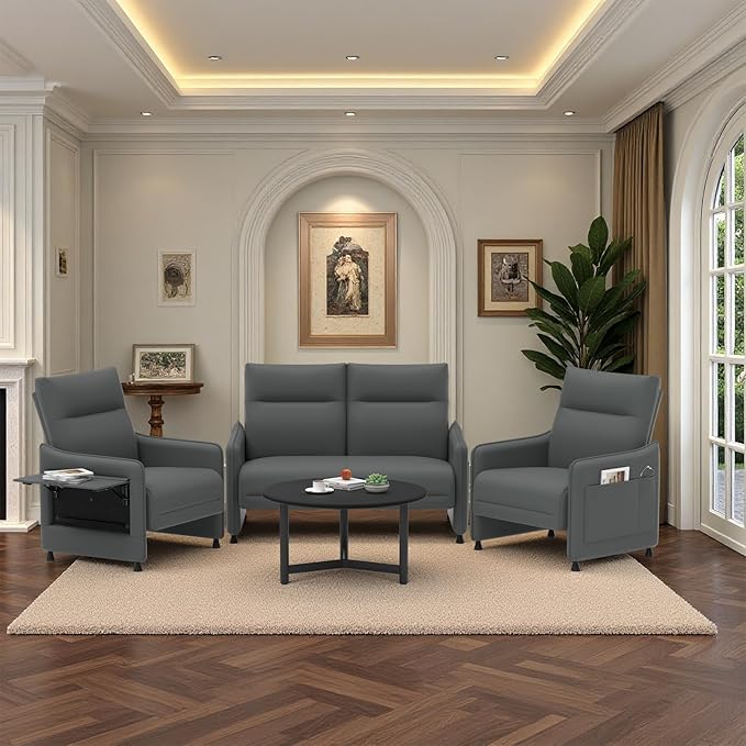 Faux Leather Sectional Couches for Living Room 3 Piece Loveseat and Chair Set with Flip Up Tray Tables Side Pockets Modern Modular Sectional Sofa for Office2-Seat+1-Seat+1-SeatGray