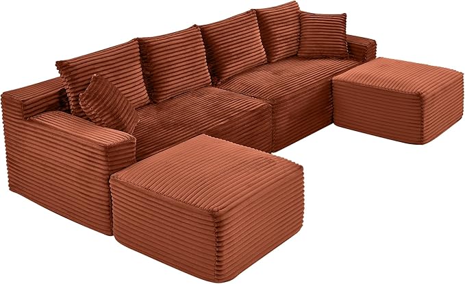 U-Shaped Cloud Sectional Couch Symmetrical Modular Compressed Boneless Sectional Sofa with Chaise Lounges Plush Corduroy Boneless Corner Sofa for Living Room