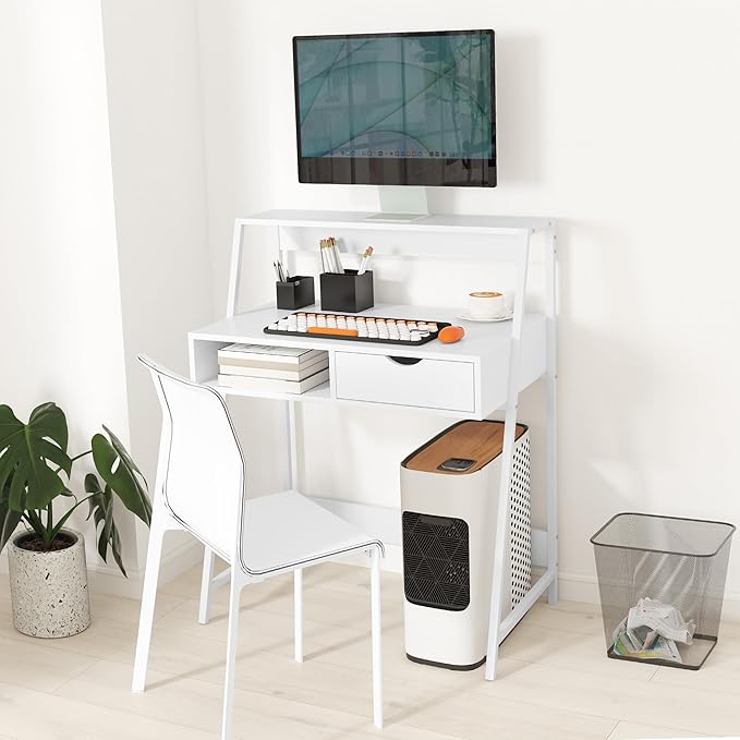 HOMCOM Home Office Desk Computer Desk with A Frame for Small Spaces Writing Table with Drawer and Storage Shelves White