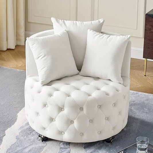 GNIXUU Swivel Barrel Accent Chair 30” Modern Velvet Round Sofa Chair with 3 Pillows and Wheels Comfy Tufted Club Lounge Chair for Living Room Bedroom(Beige).