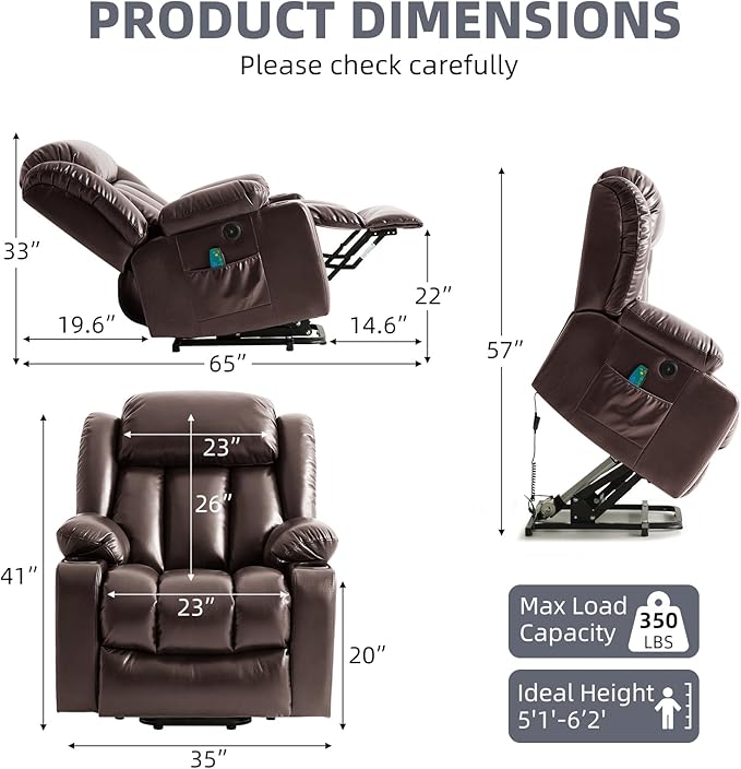 Power Lift Recliner Chair for Elderly Electric Recliner Chairs for Adults with Massage and Heat Cup Holders Remote Control Side Pockets USB Ports Leather (Brown)