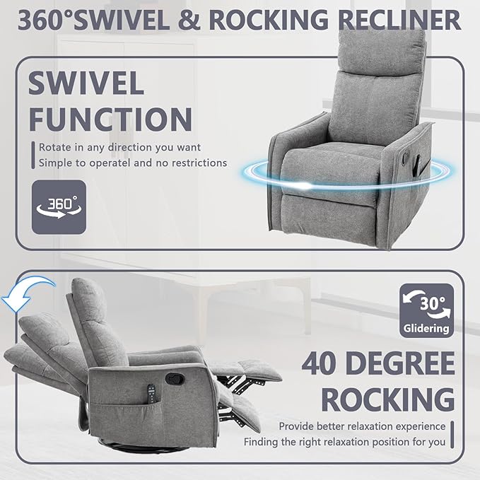Massage Chair Recliner with Heat Swivel Rocking Chair Recliner with High Back Manual Nursery Recliners for AdultsSmall Recliner Chair for Small Spaces Living Room Bedroom Fabric (Light Grey)