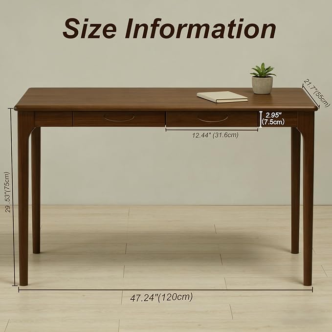 47 Solid Wood Desk with Drawers Small Home Office Writing Wooden Desk Gaming &amp Computer Desk for Bedroom Work Study Table for Small Space(Walnut47 Inch)