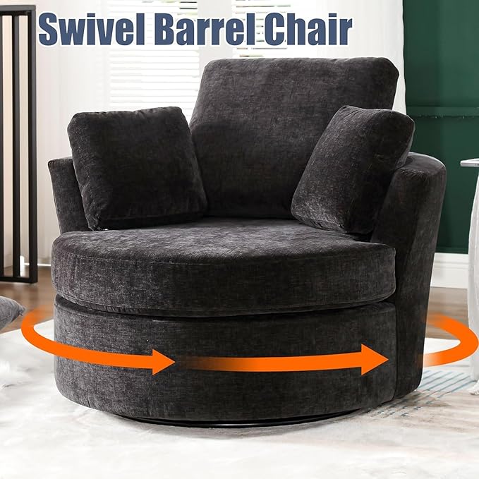 Oversized Swivel Barrel Chair Round Single Sofa with 3 Pillows Circle Accent Lounger Armchair Chairs for Bedroom Living Room Lounge Hotel (Black Chenille)