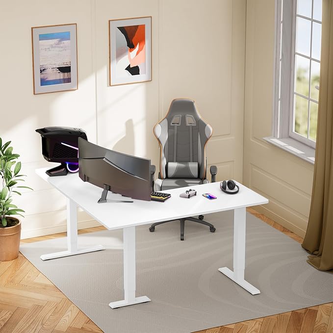 ErGear L Shaped Standing Desk 63x55 Electric Adjustable Height Sit Stand up Desk Ergonomic Large Computer Table Left &amp Right Interchangeable Installation Suitable for Home Office White